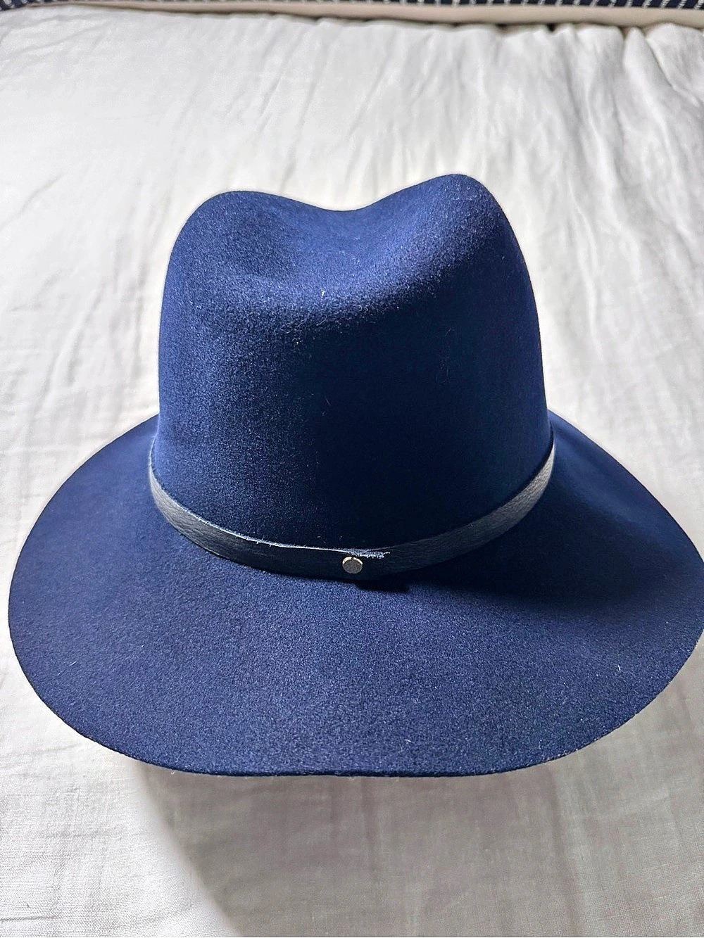 Janessa Leone 100 percent Wool Watson Fedora Hat in Navy Blue Large